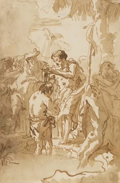 The Baptism Of Christ With Christ Standing At Left Center His Back Turned And A Youth Stripping In The Right Foreground