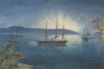The Bay Of Bull Arms Trinity Bay Newfoundland Bonfires Lighted On The Hills To Notify Of The Arrival Of The Cable Fleet On August 5th 1858