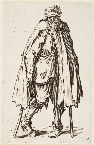 The Beggar On Crutches Carrying A Sack