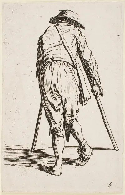 The Beggar On Crutches Wearing A Hat And Seen From Behind