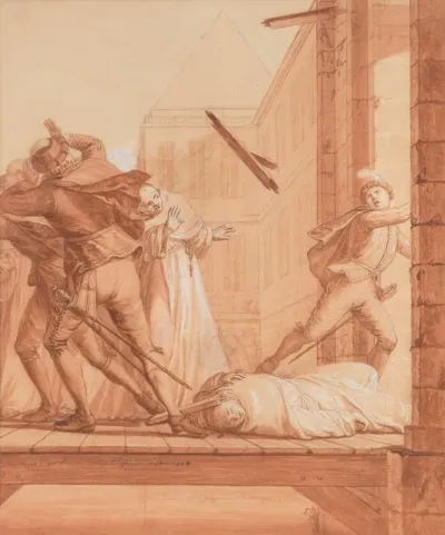 The Blessed Abbot Having Retired To The Chateau De Montaigu Soldiers Of The League Arrive To Capture Him As He Leaves