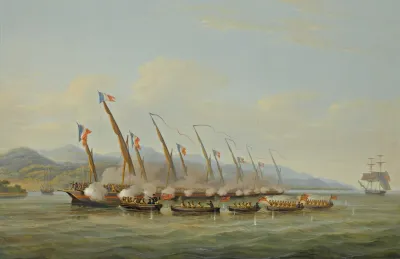 The Boats Of H M S Sloop Procris 10 Guns Engaging French Gunboats Off The Mouth Of The Indramayo Java