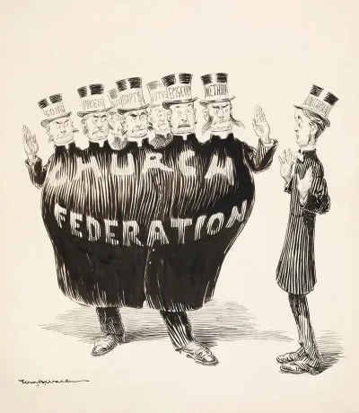 The Church Federation Is Represented As A Man With Many Heads Each Head Representing A Different Denomination