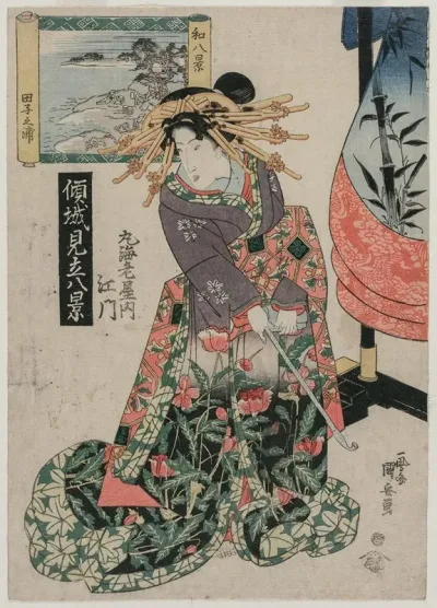 The Courtesan Emon Of Maruebiya With A View Of Tago Bay Form The Series Courtesans With A Playful Group Of Eight Views — Utagawa Kuniyasu Kanvas Tablo