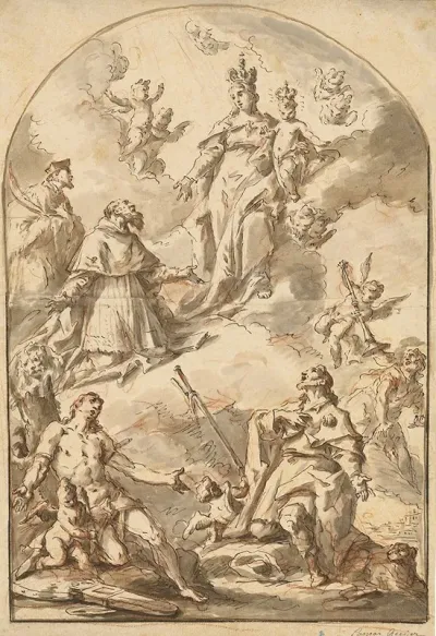 The Crowned Madonna And Child In Glory With Saints Sebastian Roch Jerome And John Nepomuk