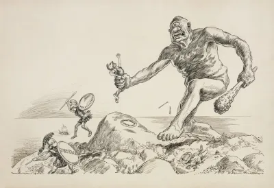 The Cyclops Representing The Trusts Fights Soldiers Representing Justice Legislation Competition And Middle Men