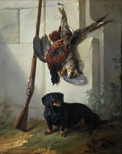 The Dachshound Pehr With Dead Game And Rifle