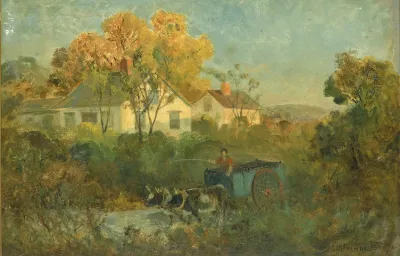 The Drinking Pool Man In Cart With Oxen At Pool