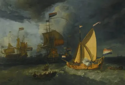 The Dutch Fleet At Sea With A States Yacht Firing A Salute