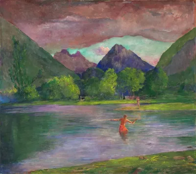 The Entrance To The Tautira Rivertahiti Fisherman Spearing A Fish