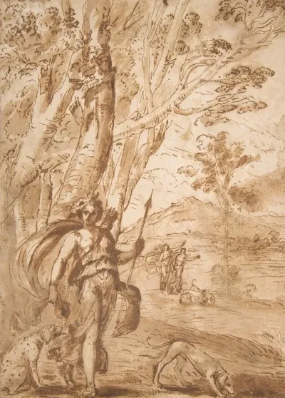 The Goddess Diana With Her Hounds Standing In A Landscape