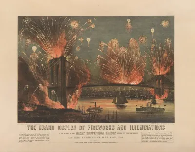 The Grand Display Of Fireworks And Illuminations At The Opening Of The Great Suspension Bridge Between New York And Brooklyn