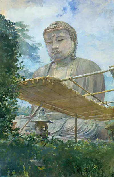 The Great Statue Of Amida Buddha At Kamakura Known As The Daibutsu From The Priests Garden