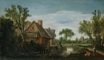 The Hague A Wooded River Landscape With Figures On A Path On A River Bank Beside A Village A Bridge Beyond