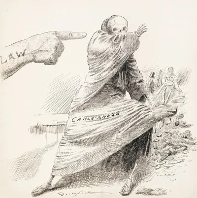 The Hand Of The Law Points At A Skeleton Wearing A Robe Labeled Carelessness