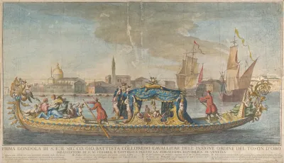 The Highly Ornamented First Gondola Of Ambassador Giovanni Battista Colloreado Entering Venice