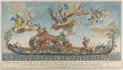 The Highly Ornamented First Gondola Of Francesco Antonio Berka Entering Venice Gods On Clouds In The Sky