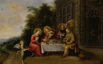 The Holy Family Dining Outdoors While Served By Angels