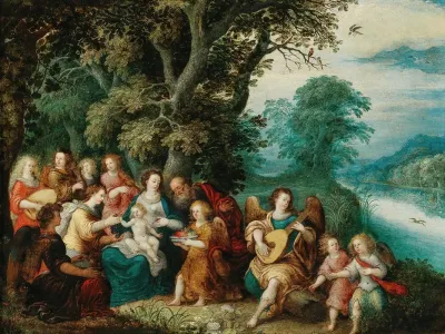 The Holy Family With Music Making Angels In A Landscape