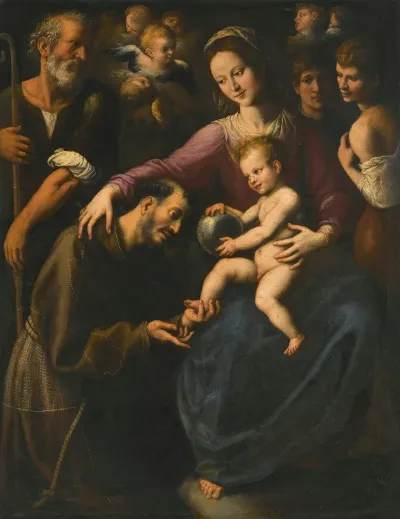 The Holy Family With Saint Francis Of Assisi Adoring The Christ Child With Two Youths And Angels Above