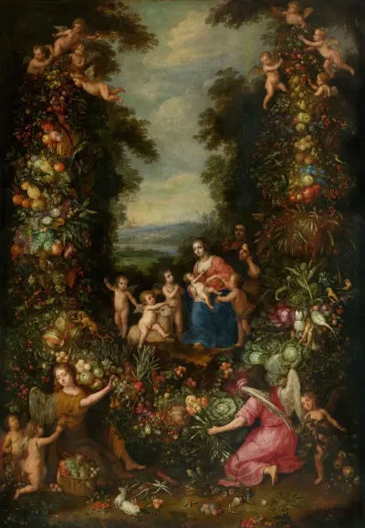 The Holy Family With The Infant Saint John The Baptist Surrounded By A Garland Of Flowers Vegetables And Fruit