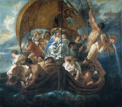 The Holy Family With Various Persons And Animals In A Boat