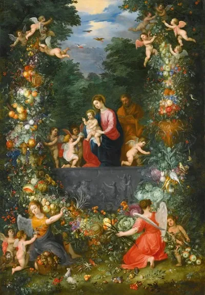 The Holy Family Within A Garland Of Fruit Flowers And Vegetables Held By Angels