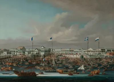 The Hongs Of Canton Showing The French American British And Dutch Flags