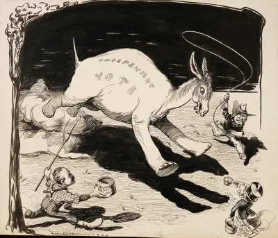 The Independent Vote Depicted As An Elephant With A Donkey Head Is Chased By Theodore Roosevelt Swallow And Esop