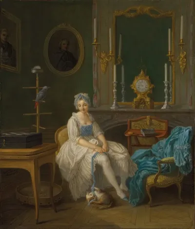 The Interior Of A Boudoir With A Lady In A White And Blue Dress