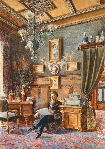 The Interior Of A Villa With A Gentleman Seated In An Armchair And Smoking