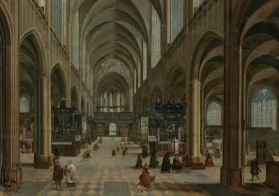 The Interior Of Antwerp Cathedral With Figures Attending A Mass
