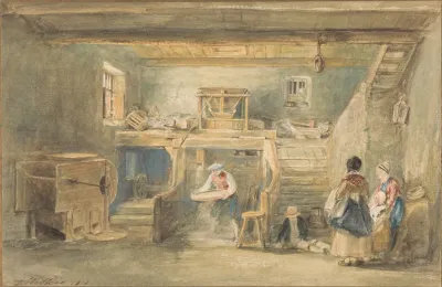 The Interior Of Pitlessie Mill With A Man Sieving Corn