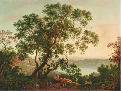 The Lago Nemi At Twilight With Figures And A Flock Of Goats Resting In The Foreground