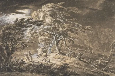The Lightning Flash Travellers In A Thunderstorm On A Woodland Road