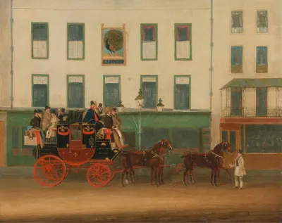 The London Manchester Stage Coach The Peveril Of The Peak Outside The Peacock Inn Islington