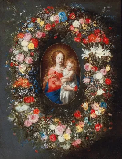 The Madonna And Child Surrounded By A Floral Garland