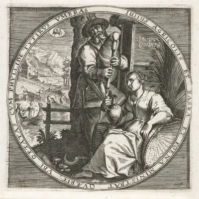 The Month Of July Bagpiper And Woman With Jug