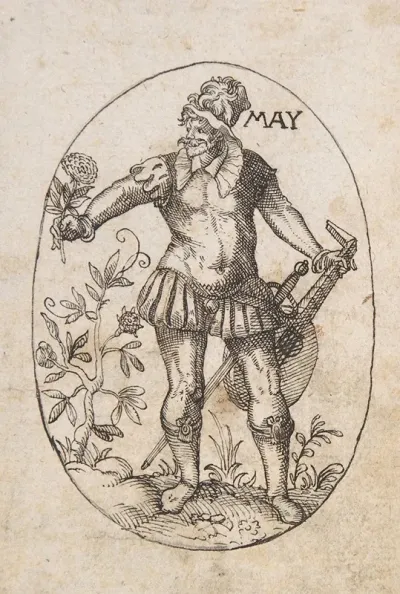 The Month Of May An Elegant Man Holding A Flower And Lute