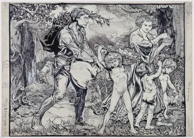 The Month Of September Personified By Two Adults And Three Children Coming From The Forest With Provisions