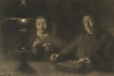 The Mother And Wife Of The Artist Sewing By Lamplight La Mere Et La Femme De Lartiste Cousant A La Lumiere Dune Lampe