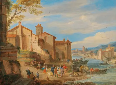 The Port Of Ripa Grande In Rome With Merchants Conversing