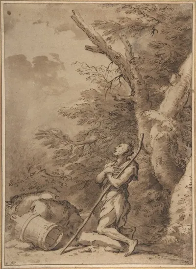 The Prodigal Son Kneeling Repentant Among Swine