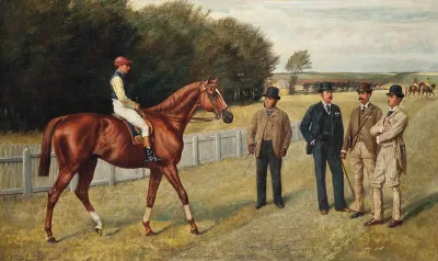 The Racehorse Kingswood With C Wood Up The Trainer Sherrad And Sir G Chetwynnd Bart Lord Lurgan And Mr E H Benson Standing Nearby