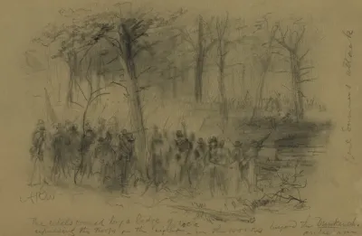 The Rebels Covered By A Ledge Of Rock Repulsing The Troops On The Right In The Woods Beyond The Duncker Ch Antietam