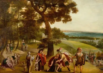 The Reconciliation Of Jacob And Esau In And Extensive Wooded Landscape