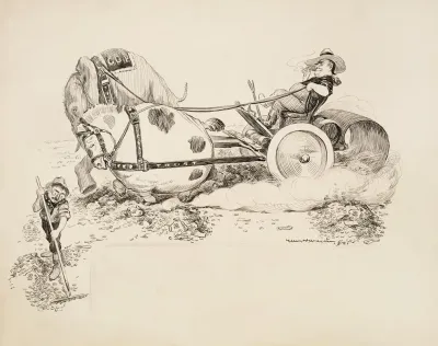 The Republican Party Elephant And A Fat Horse Representing The Trusts Are Hitched Together On A Plow That Is Harvesting Money
