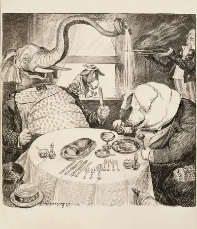 The Republican Party Elephant And A Pig Representing The Trusts Including Steel Copper Sugar And Oil Eat A Fancy Feast Served To Them By Uncle Sam