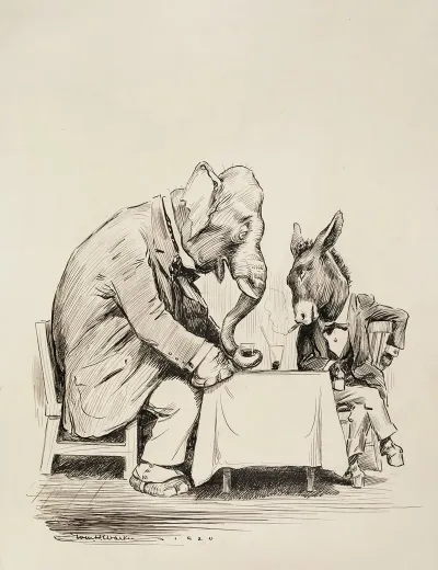 The Republican Party Elephant And Democratic Party Donkey In Suits Sitting Together Drinking And Smoking