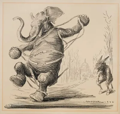 The Republican Party Elephant Is Tangled In Ropes Representing The Farmer Bloc Taxes Income Tax Bonus And The High Cost Of Labor